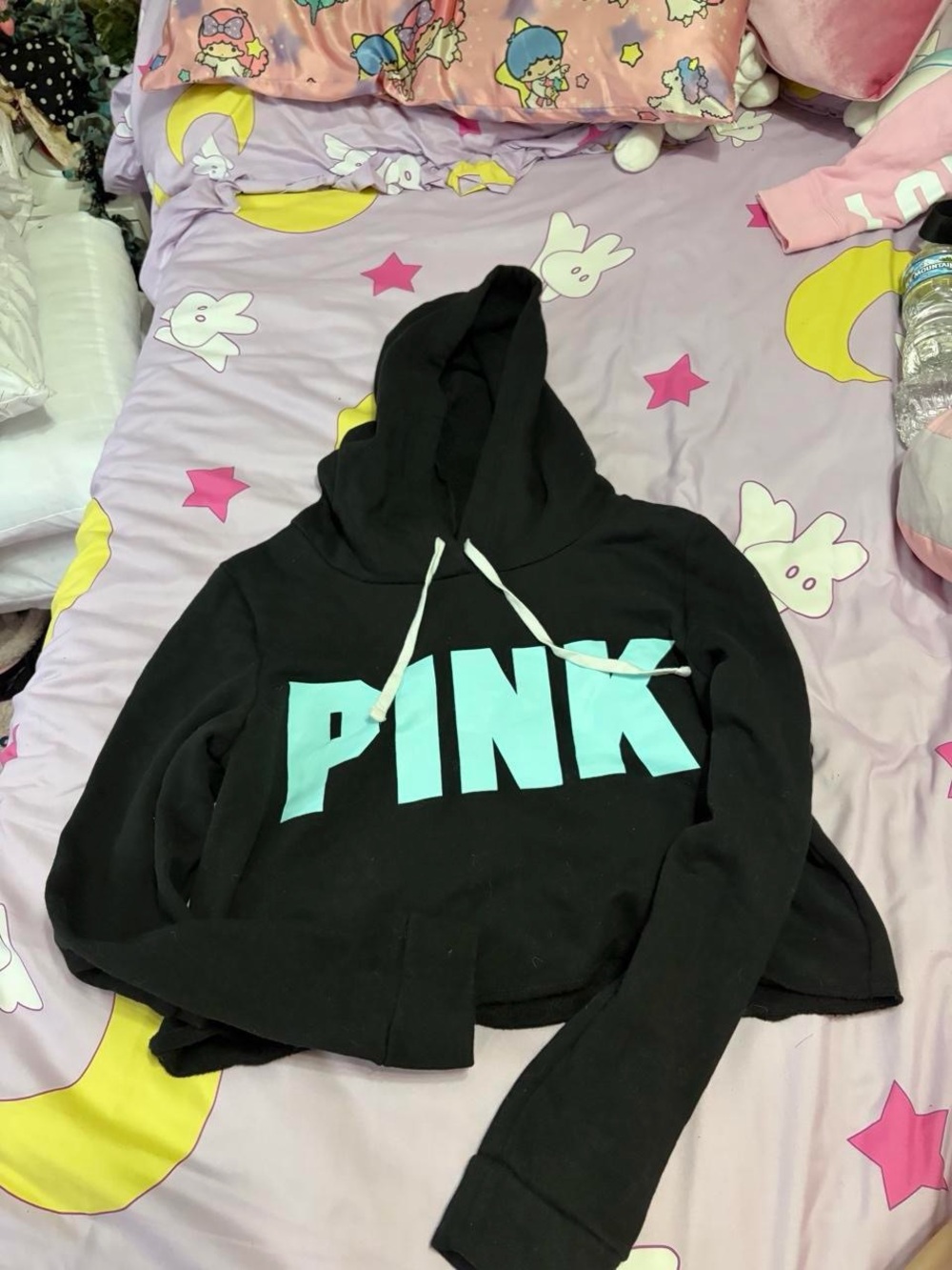 PINK Victoria's Secret Black Cropped Hoodie with Mint Logo